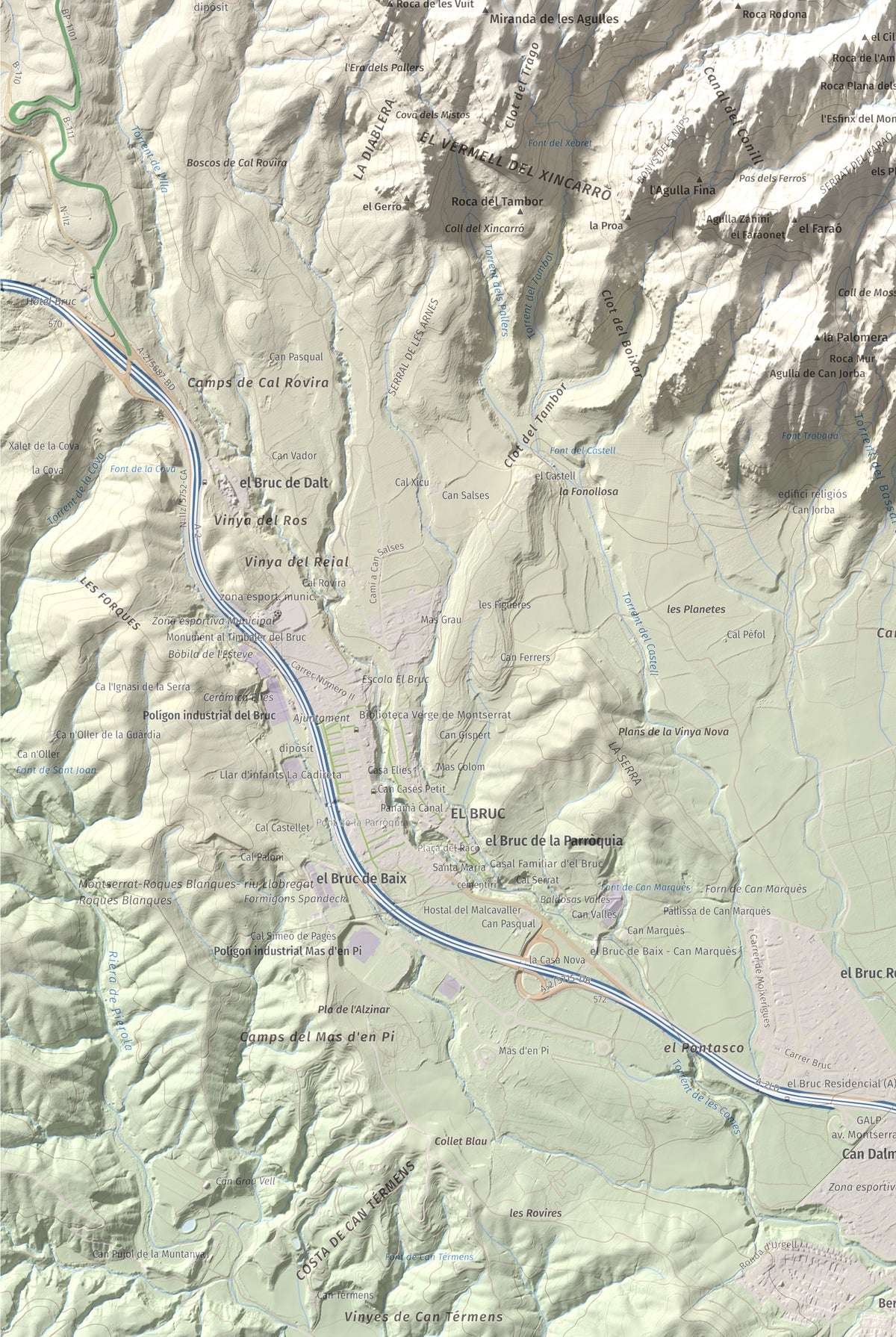 Mapa de relieve de Miranda dels Ecos, 1223 m, Anoia, lámina 100 Cims de Trobart. Detalle de la zona inferior izquierda. 61 × 91 cm.