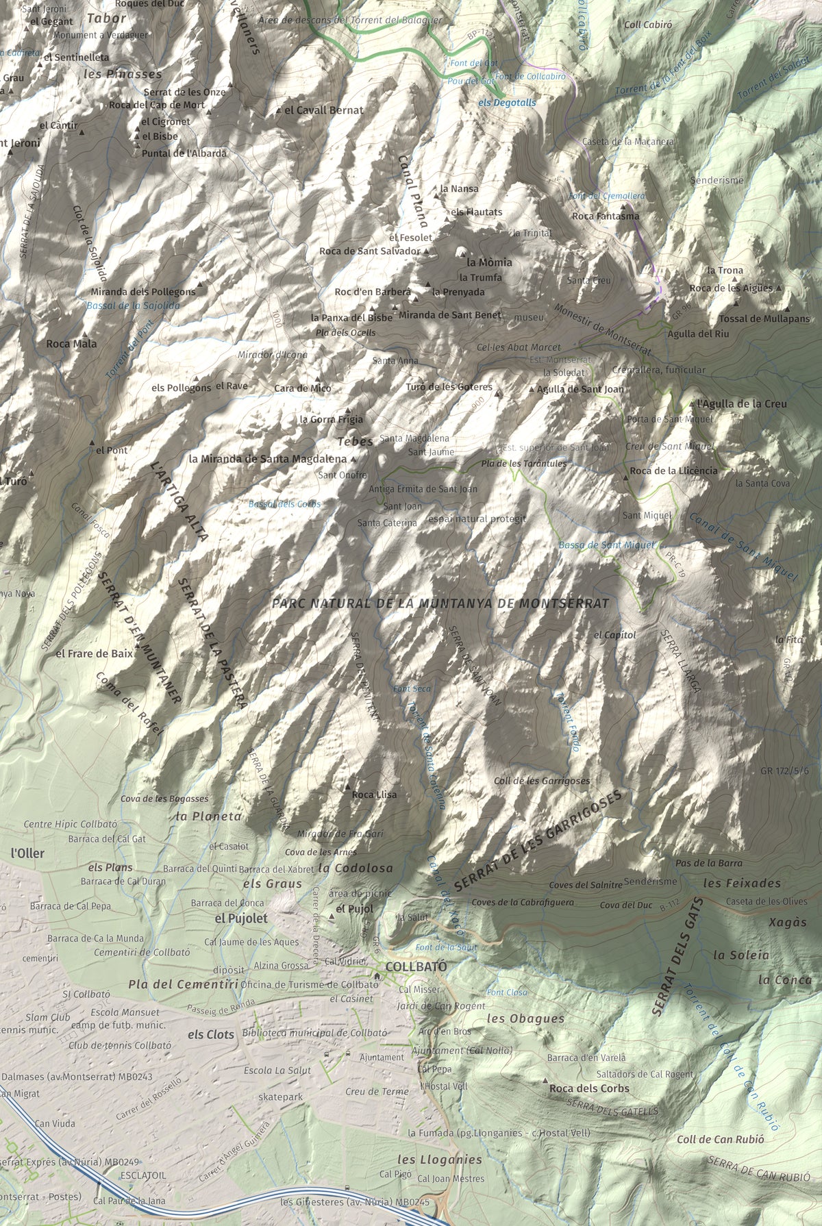 Mapa de relieve de Miranda dels Ecos, 1223 m, Anoia, lámina 100 Cims de Trobart. Detalle de la zona inferior derecha. 61 × 91 cm.