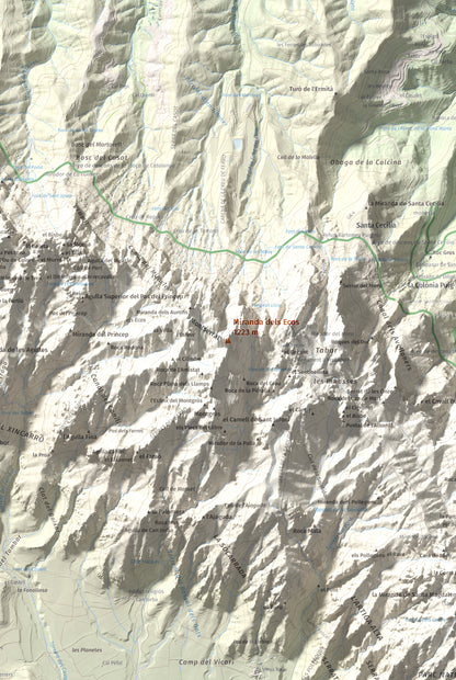 Mapa de relieve de Miranda dels Ecos, 1223 m, Anoia, lámina 100 Cims de Trobart. Detalle de la zona central. 61 × 91 cm.
