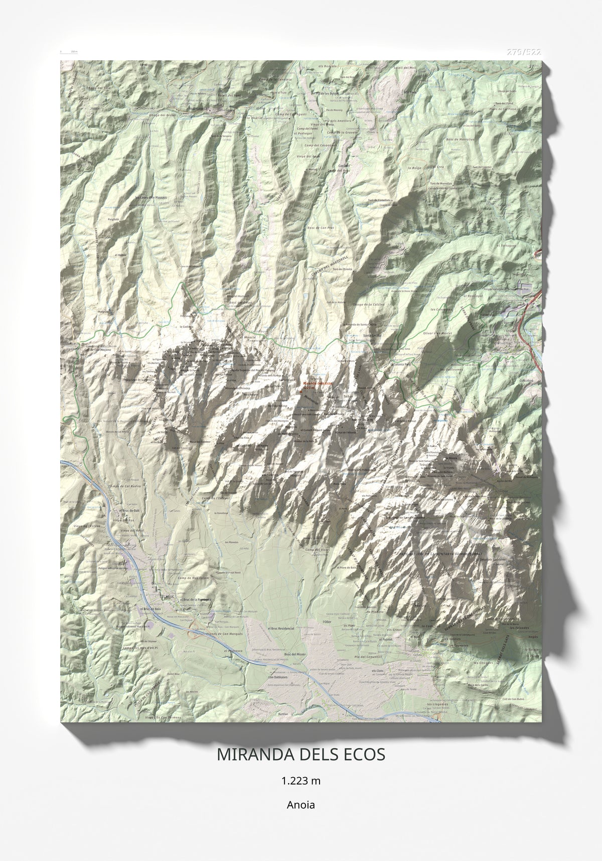 Mapa de relieve de Miranda dels Ecos, 1223 m, Anoia, lámina 100 Cims de Trobart 70 × 100 cm.