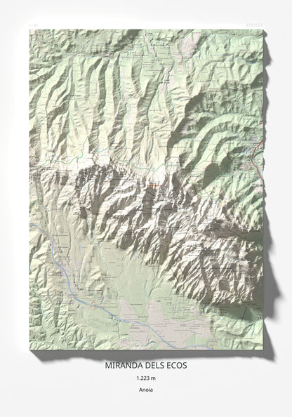 Mapa de relieve de Miranda dels Ecos, 1223 m, Anoia, lámina 100 Cims de Trobart 70 × 100 cm.