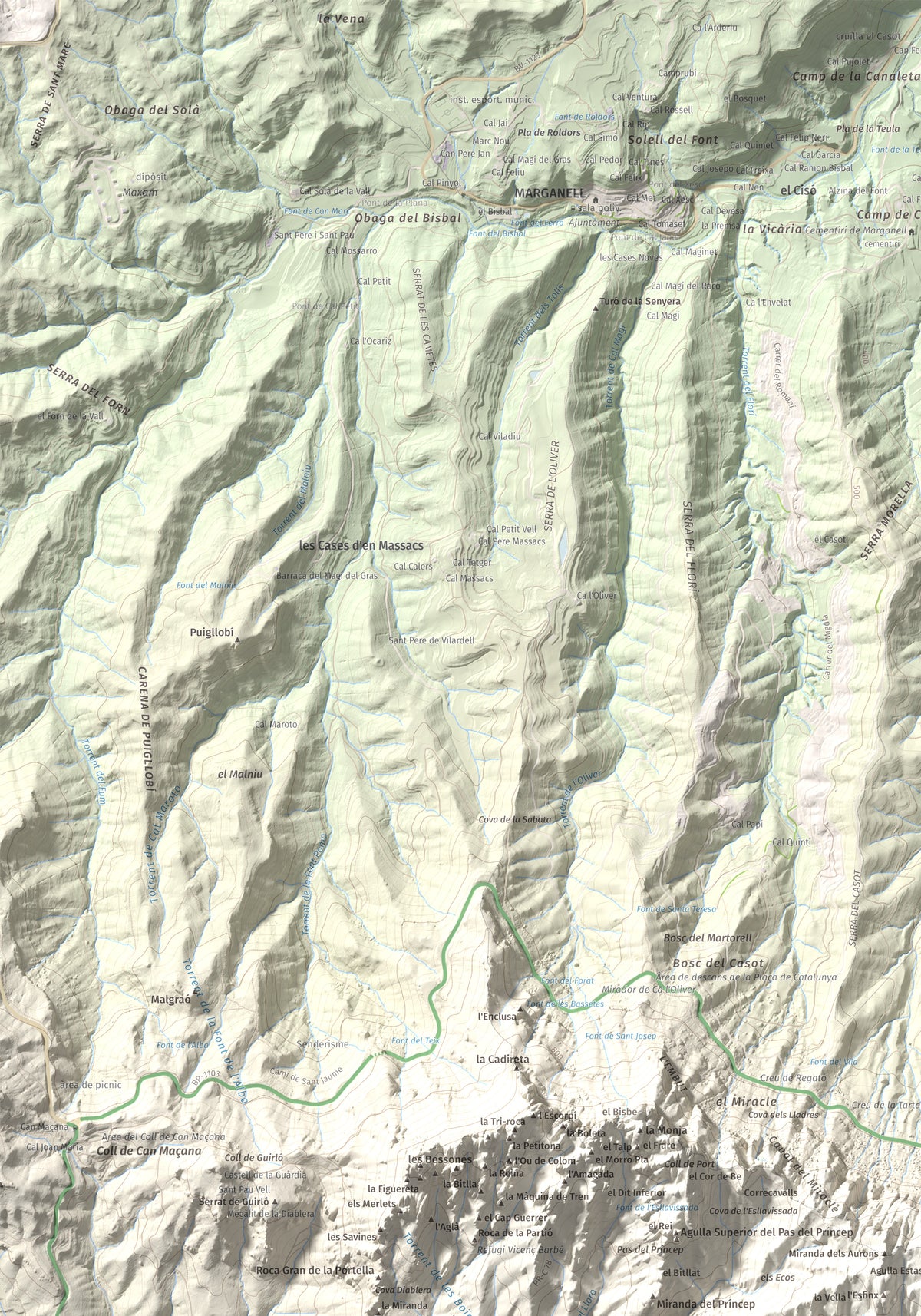 Mapa de relieve de Miranda dels Ecos, 1223 m, Anoia, lámina 100 Cims de Trobart. Detalle de la zona superior izquierda. 70 × 100 cm.