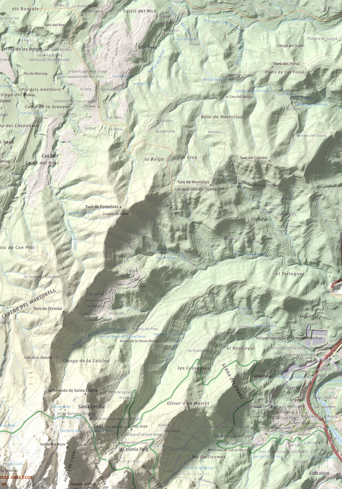 Mapa de relieve de Miranda dels Ecos, 1223 m, Anoia, lámina 100 Cims de Trobart. Detalle de la zona superior derecha. 70 × 100 cm.