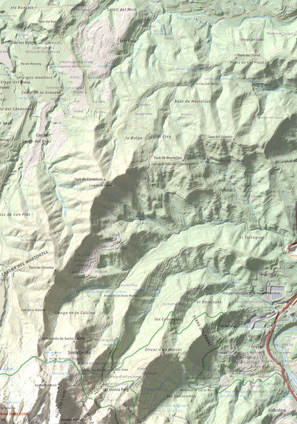 Mapa de relieve de Miranda dels Ecos, 1223 m, Anoia, lámina 100 Cims de Trobart. Detalle de la zona superior derecha. 70 × 100 cm.