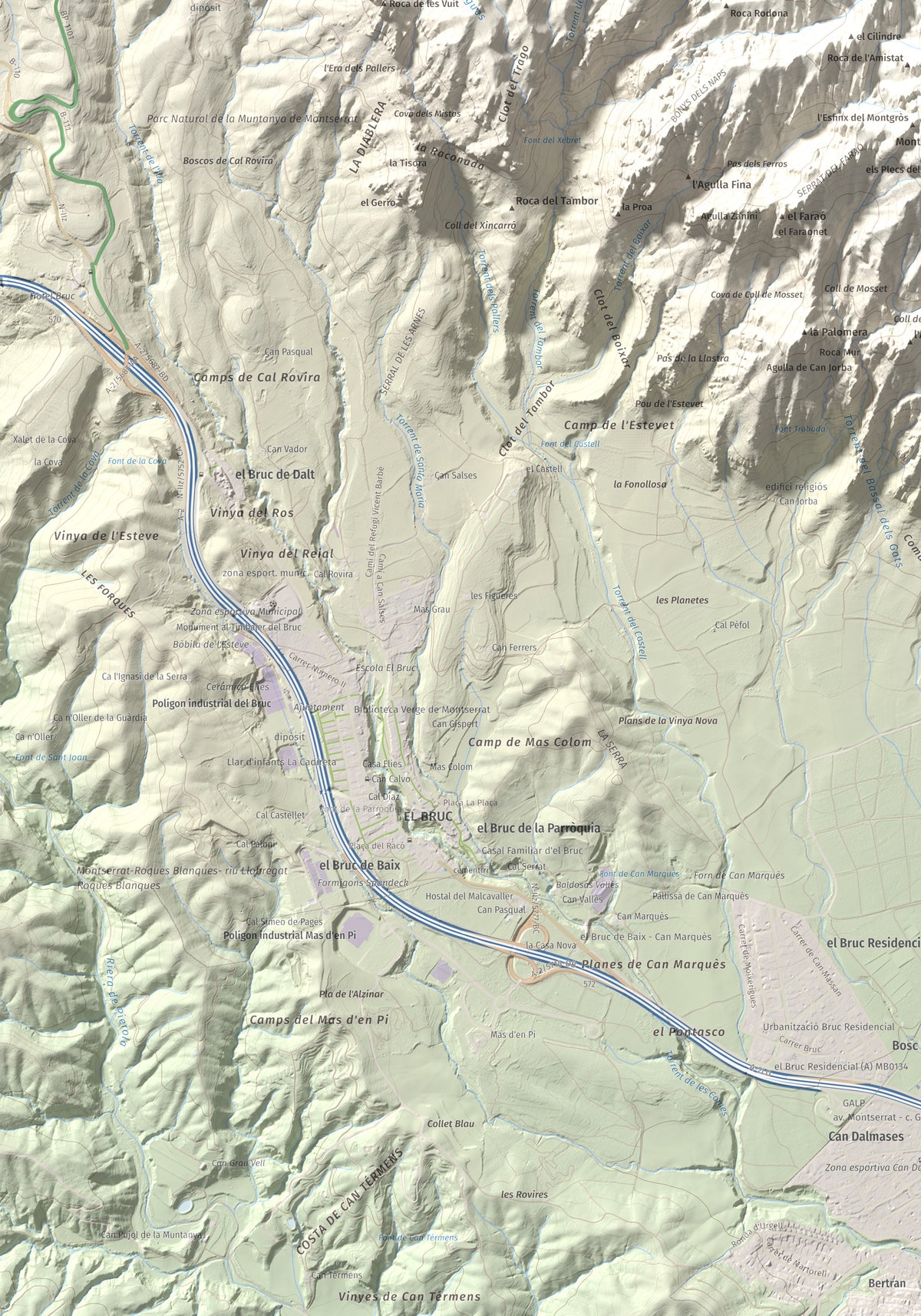 Mapa de relieve de Miranda dels Ecos, 1223 m, Anoia, lámina 100 Cims de Trobart. Detalle de la zona inferior izquierda. 70 × 100 cm.