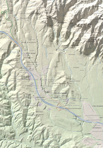 Mapa de relieve de Miranda dels Ecos, 1223 m, Anoia, lámina 100 Cims de Trobart. Detalle de la zona inferior izquierda. 70 × 100 cm.