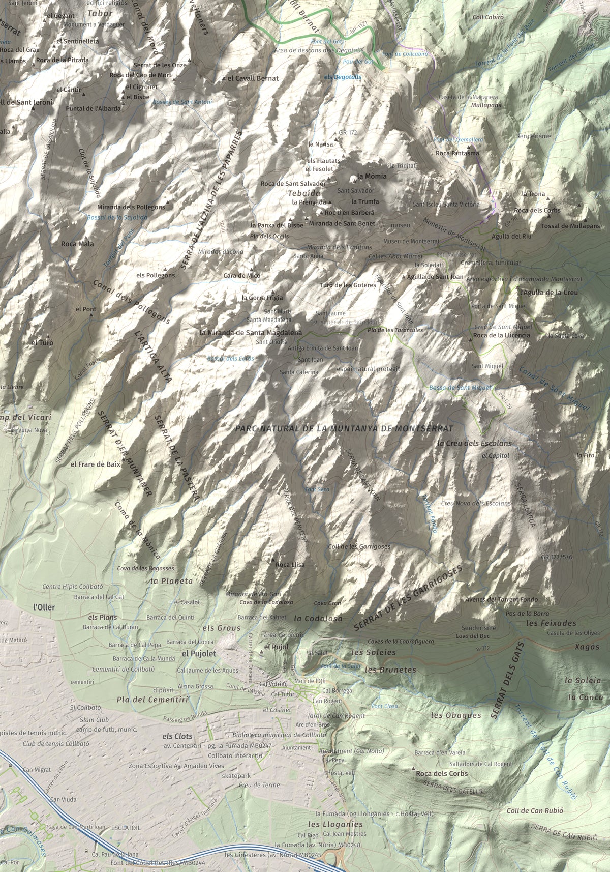 Mapa de relieve de Miranda dels Ecos, 1223 m, Anoia, lámina 100 Cims de Trobart. Detalle de la zona inferior derecha. 70 × 100 cm.