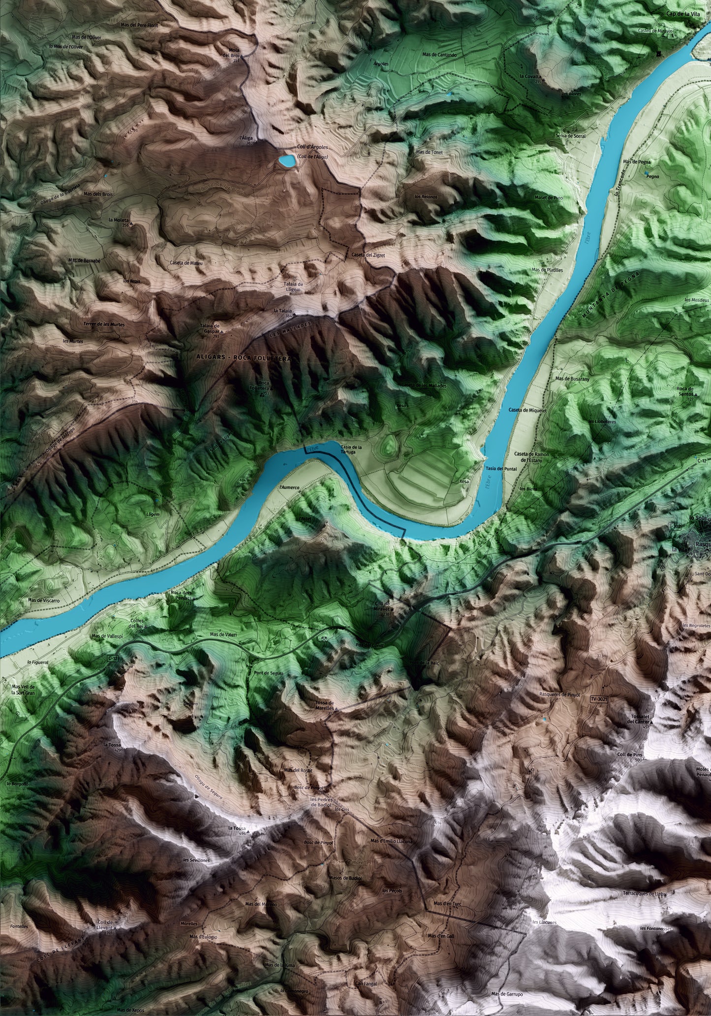 Mapa artístico del relieve de Miravet, a la Ribera de Ebro, con 15 km de entorno y base topográfica ICGC. Detalle de la zona inferior izquierda.