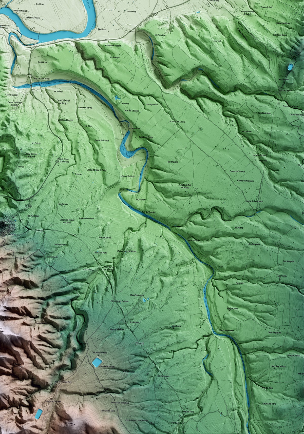 Mapa artístico del relieve de Miravet, a la Ribera de Ebro, con 15 km de entorno y base topográfica ICGC. Detalle de la zona inferior derecha.