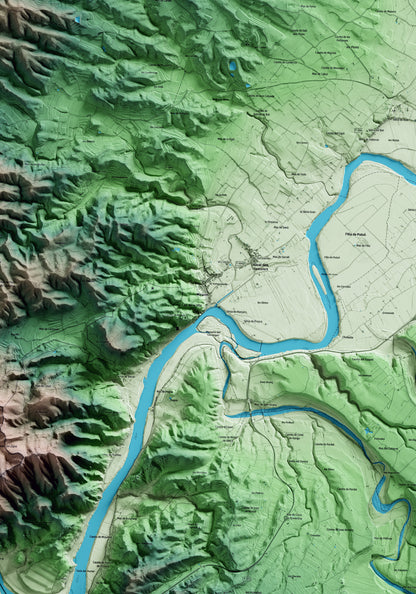 Mapa artístico del relieve de Miravet, a la Ribera de Ebro, con 15 km de entorno y base topográfica ICGC. Detalle de la zona central.