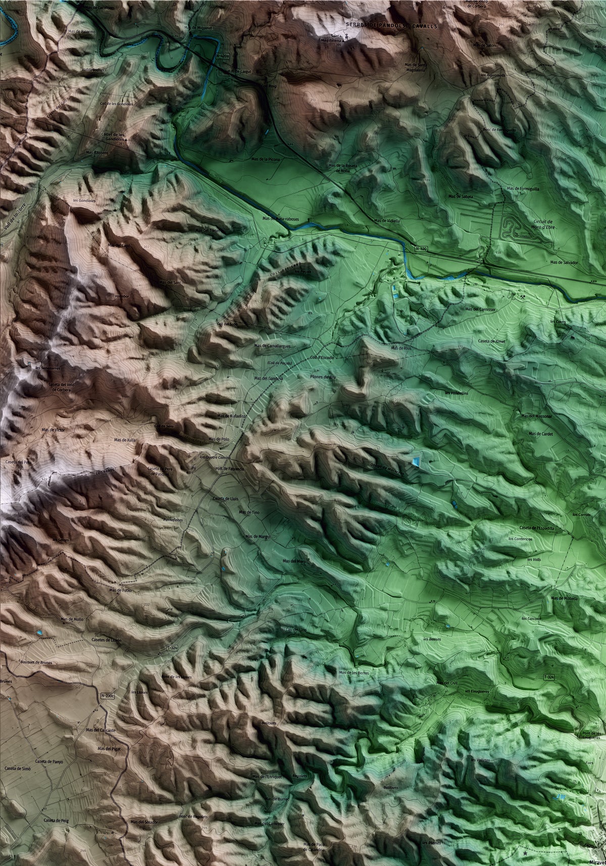 Mapa artístico del relieve de Miravet, a la Ribera de Ebro, con 15 km de entorno y base topográfica ICGC. Detalle de la zona superior izquierda.