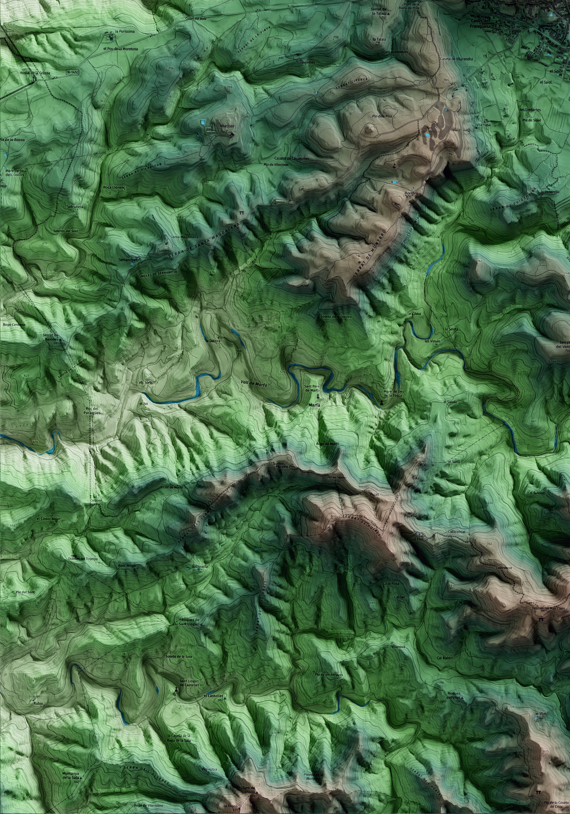 Mapa artístico del relieve de Moià, al Moianès, con 15 km de entorno y base topográfica ICGC. Detalle de la zona inferior izquierda.