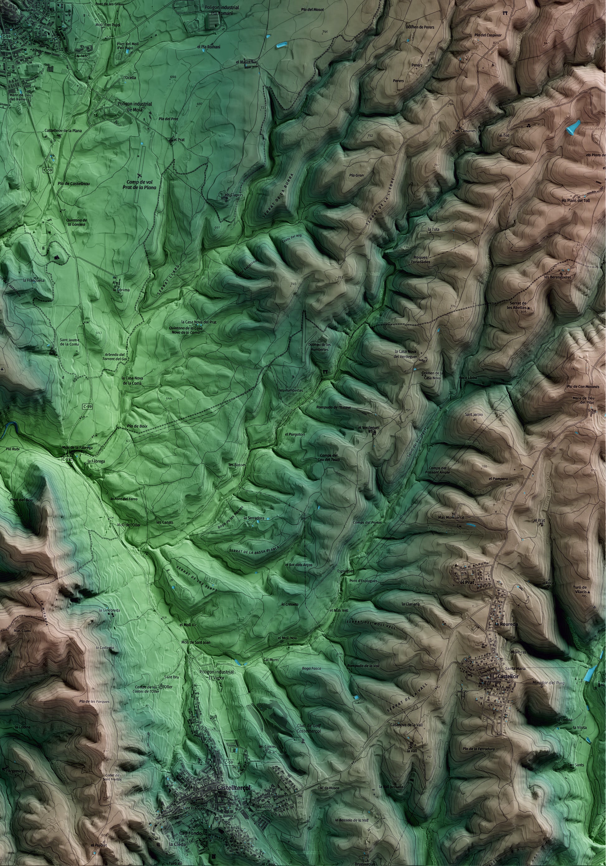 Mapa artístico del relieve de Moià, al Moianès, con 15 km de entorno y base topográfica ICGC. Detalle de la zona inferior derecha.