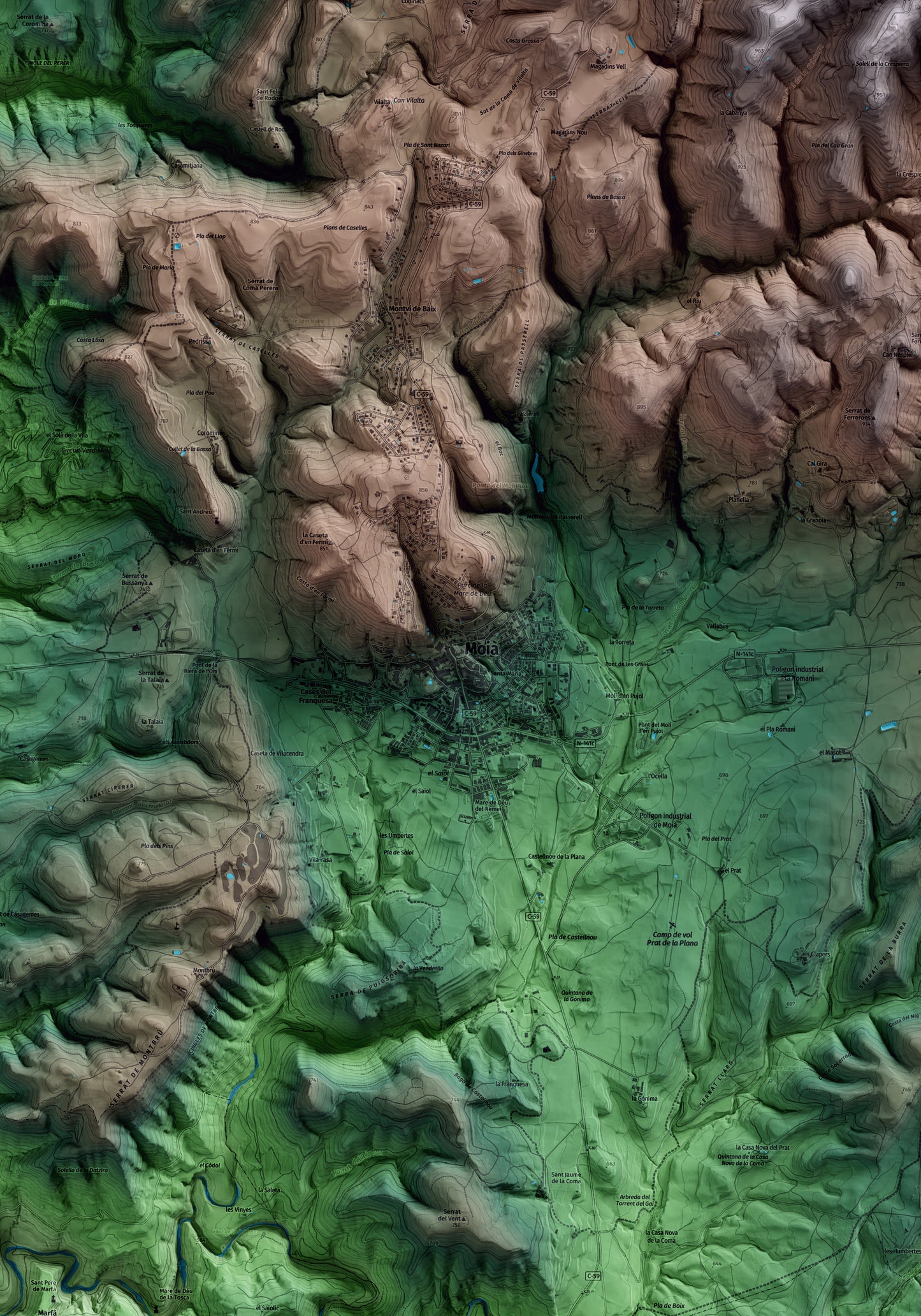 Mapa artístico del relieve de Moià, al Moianès, con 15 km de entorno y base topográfica ICGC. Detalle de la zona central.