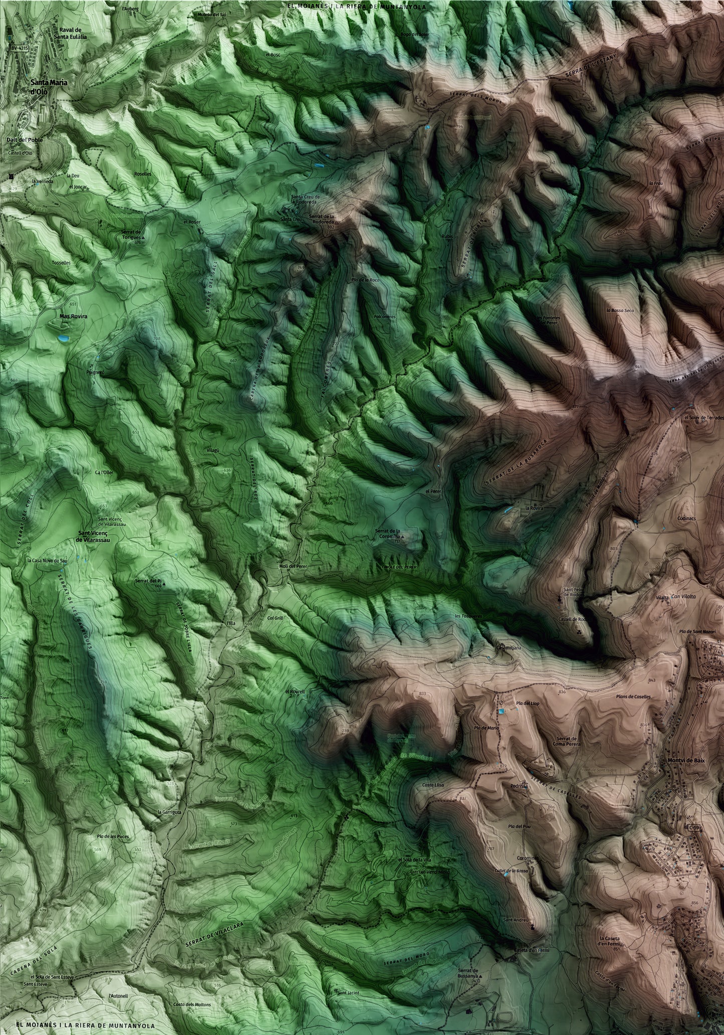 Mapa artístico del relieve de Moià, al Moianès, con 15 km de entorno y base topográfica ICGC. Detalle de la zona superior izquierda.