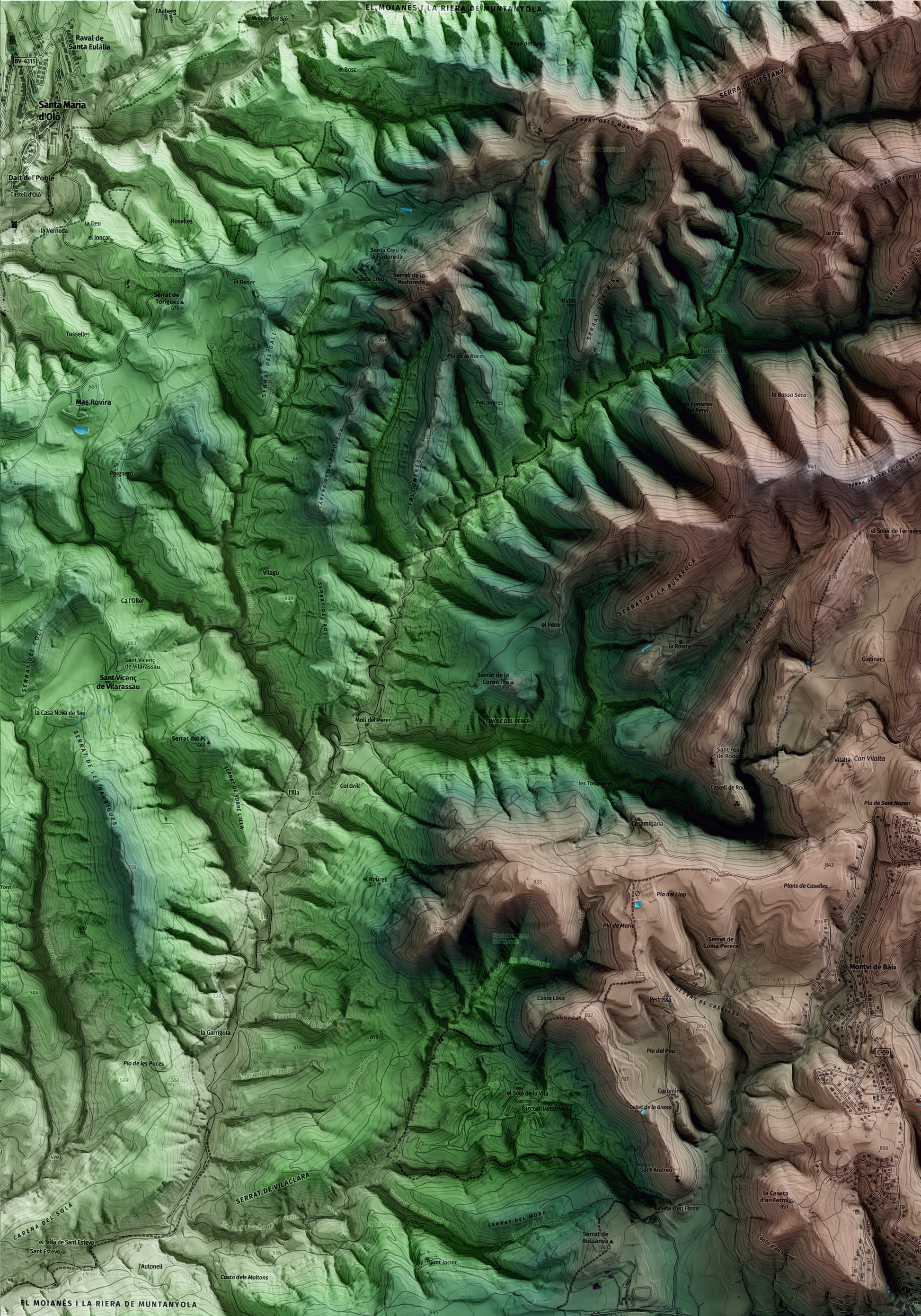 Mapa artístico del relieve de Moià, al Moianès, con 15 km de entorno y base topográfica ICGC. Detalle de la zona superior izquierda.