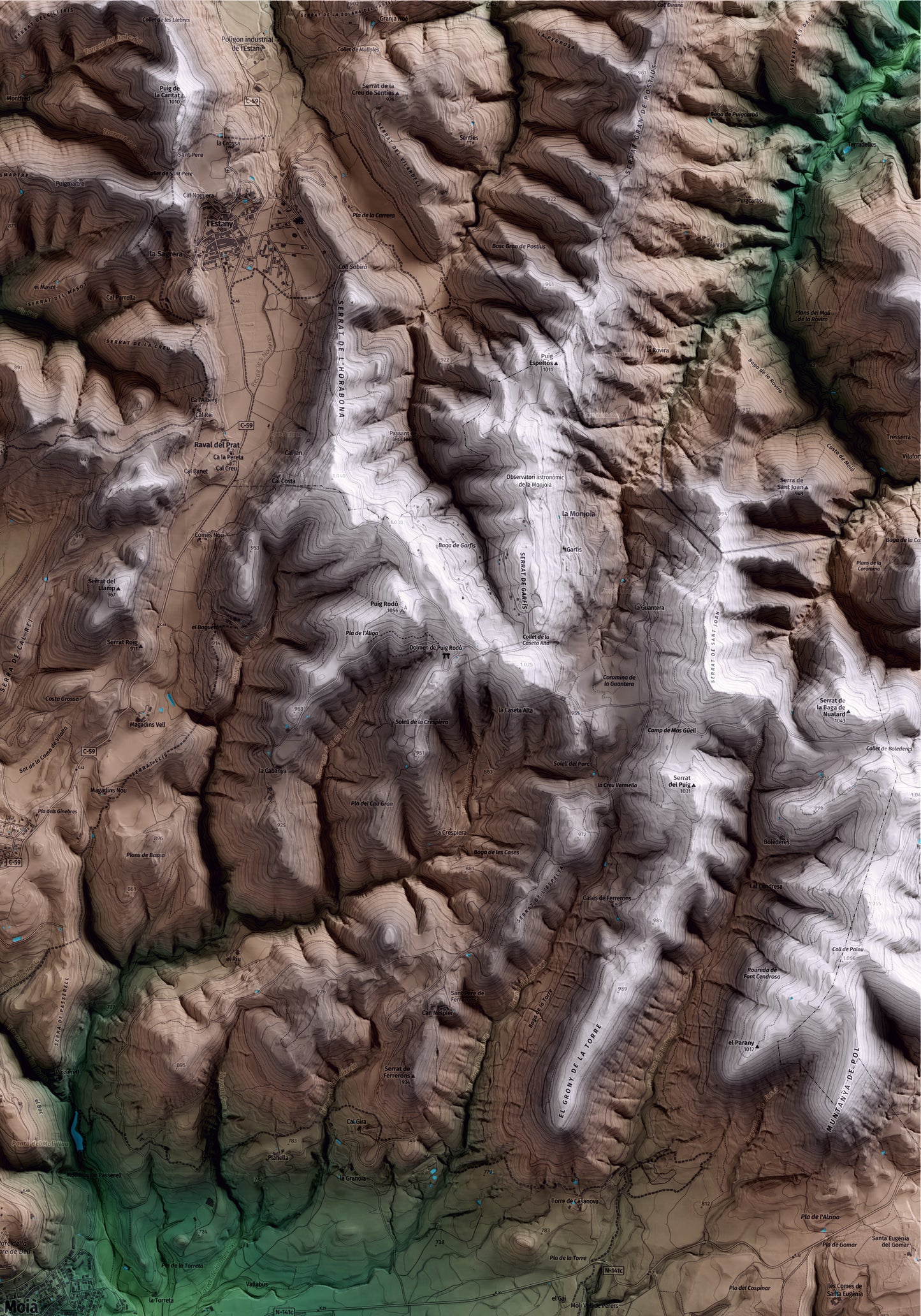 Mapa artístico del relieve de Moià, al Moianès, con 15 km de entorno y base topográfica ICGC. Detalle de la zona superior derecha.