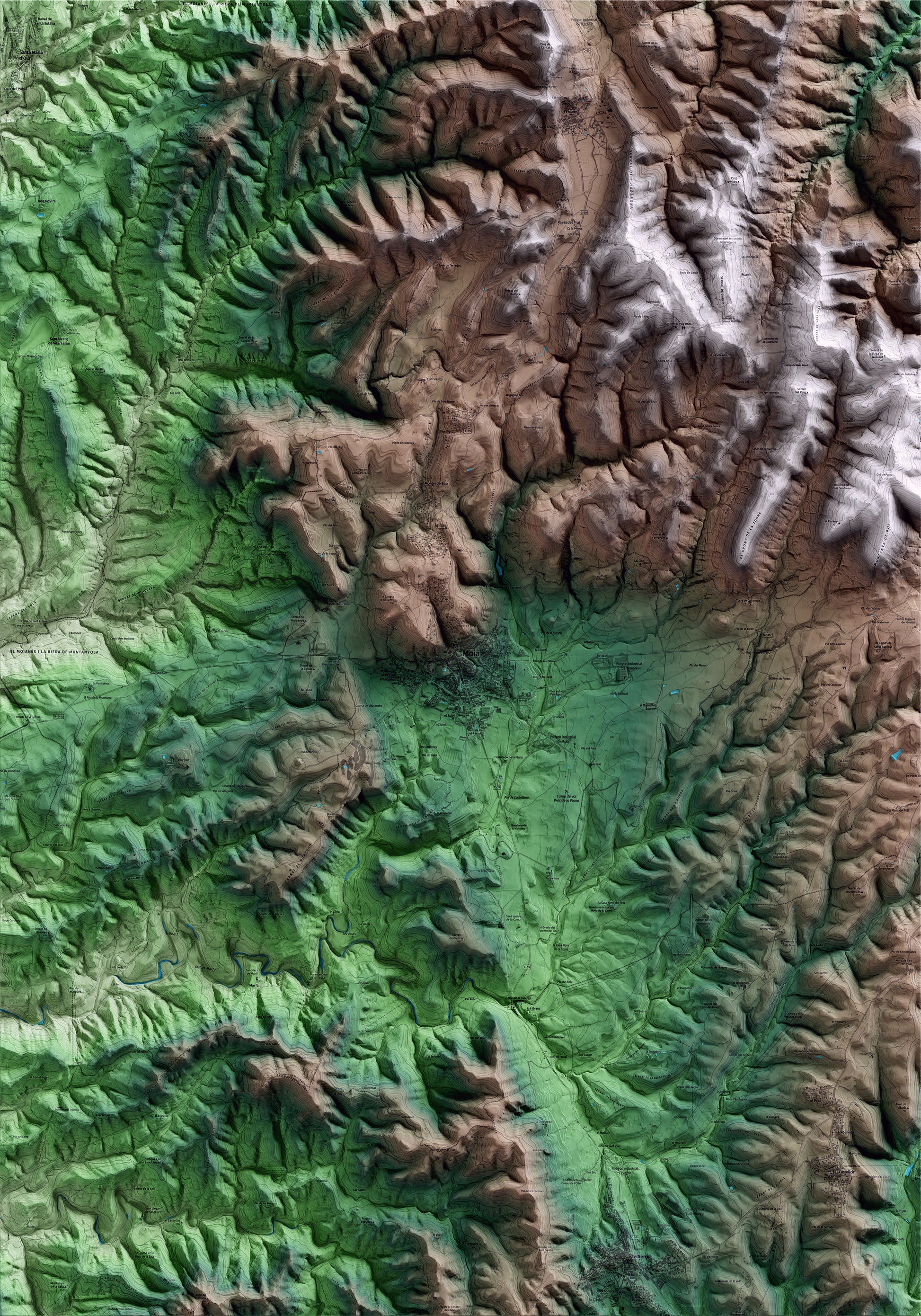 Mapa artístico del relieve de Moià, al Moianès, con 15 km de entorno y base topográfica ICGC