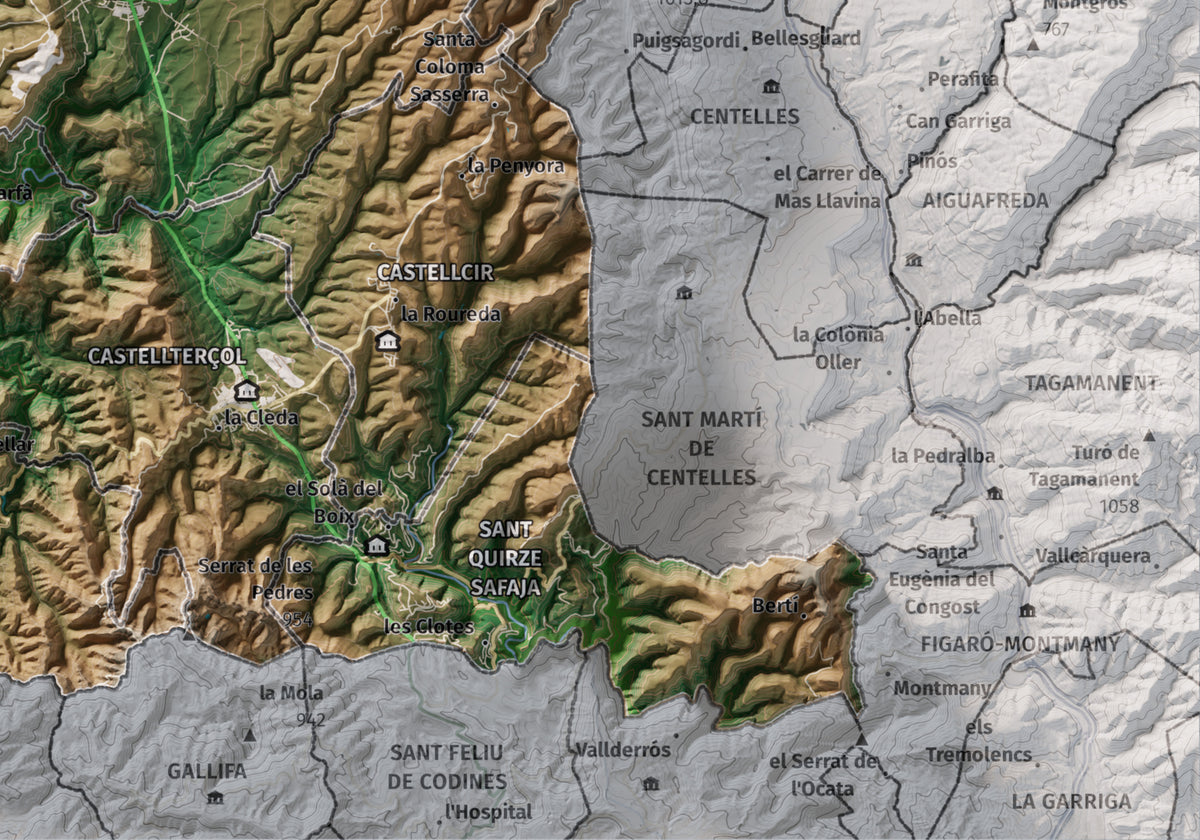 Mapa de relleu del Moianès, amb el territori en color i l’entorn en blanc. Detall de la part inferior dreta. 21 × 30 cm. Estil Clàssic.