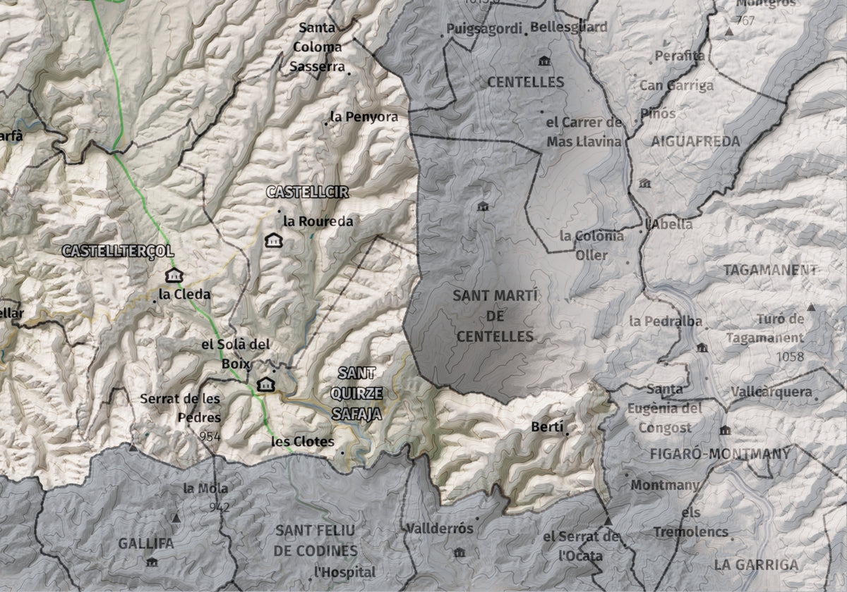 Mapa de relleu del Moianès, amb el territori en color i l’entorn en blanc. Detall de la part inferior dreta. 21 × 30 cm. Estil Cartogràfic.