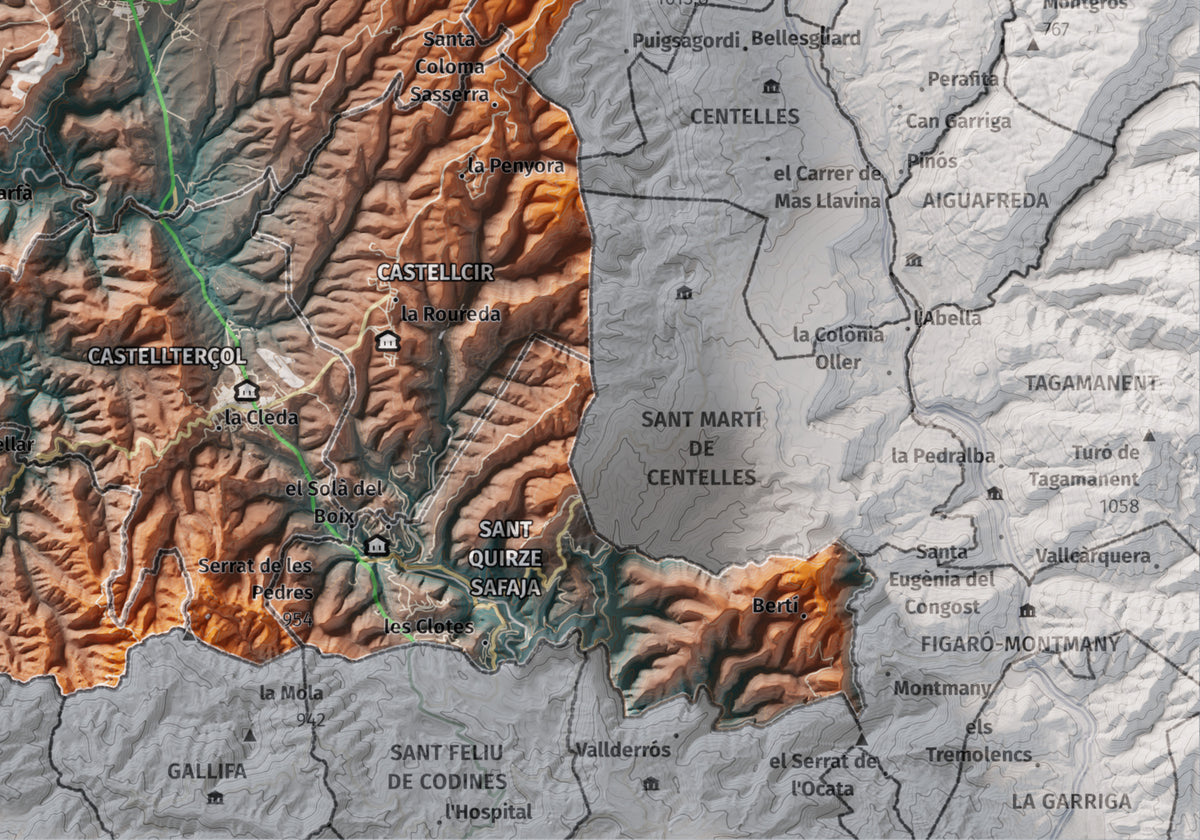 Mapa de relleu del Moianès, amb el territori en color i l’entorn en blanc. Detall de la part inferior dreta. 21 × 30 cm. Estil Blau i taronja.