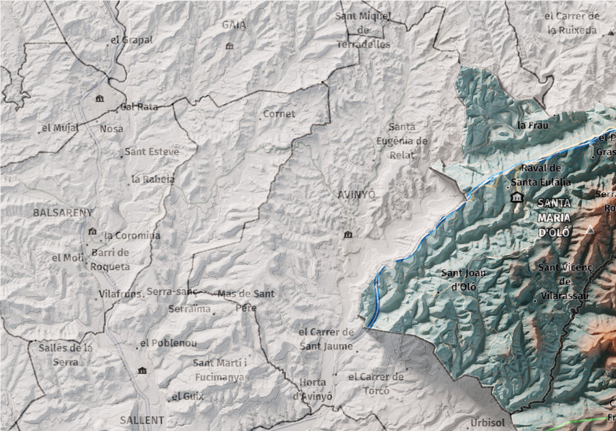 Mapa de relleu del Moianès, amb el territori en color i l’entorn en blanc. Detall de la part superior esquerra. 21 × 30 cm. Estil Blau i taronja.