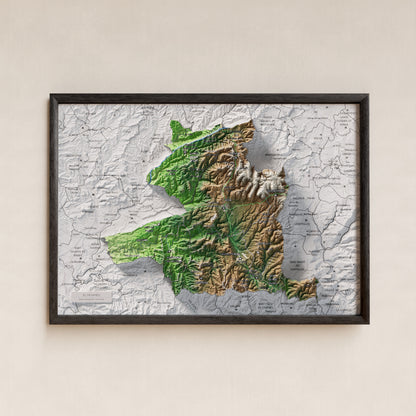 Mapa de relleu del Moianès, amb el territori en color i l’entorn en blanc. Presentació amb marc. 21 × 30 cm. Estil Clàssic.