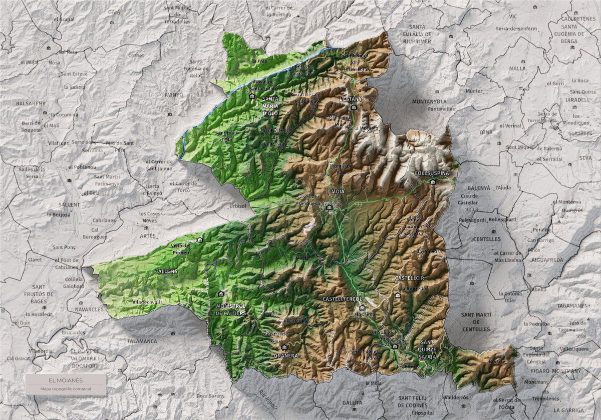 Mapa de relleu del Moianès, amb el territori en color i l’entorn en blanc. Vista completa de la làmina. 21 × 30 cm. Estil Clàssic.