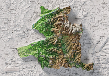 Mapa de relleu del Moianès, amb el territori en color i l’entorn en blanc. Vista completa de la làmina. 21 × 30 cm. Estil Clàssic.