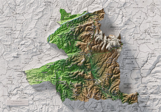 Mapa de relieve del Moianès, con el territorio en color y el entorno en blanco. Vista completa de la lámina. 21 × 30 cm. Estilo Clásico.