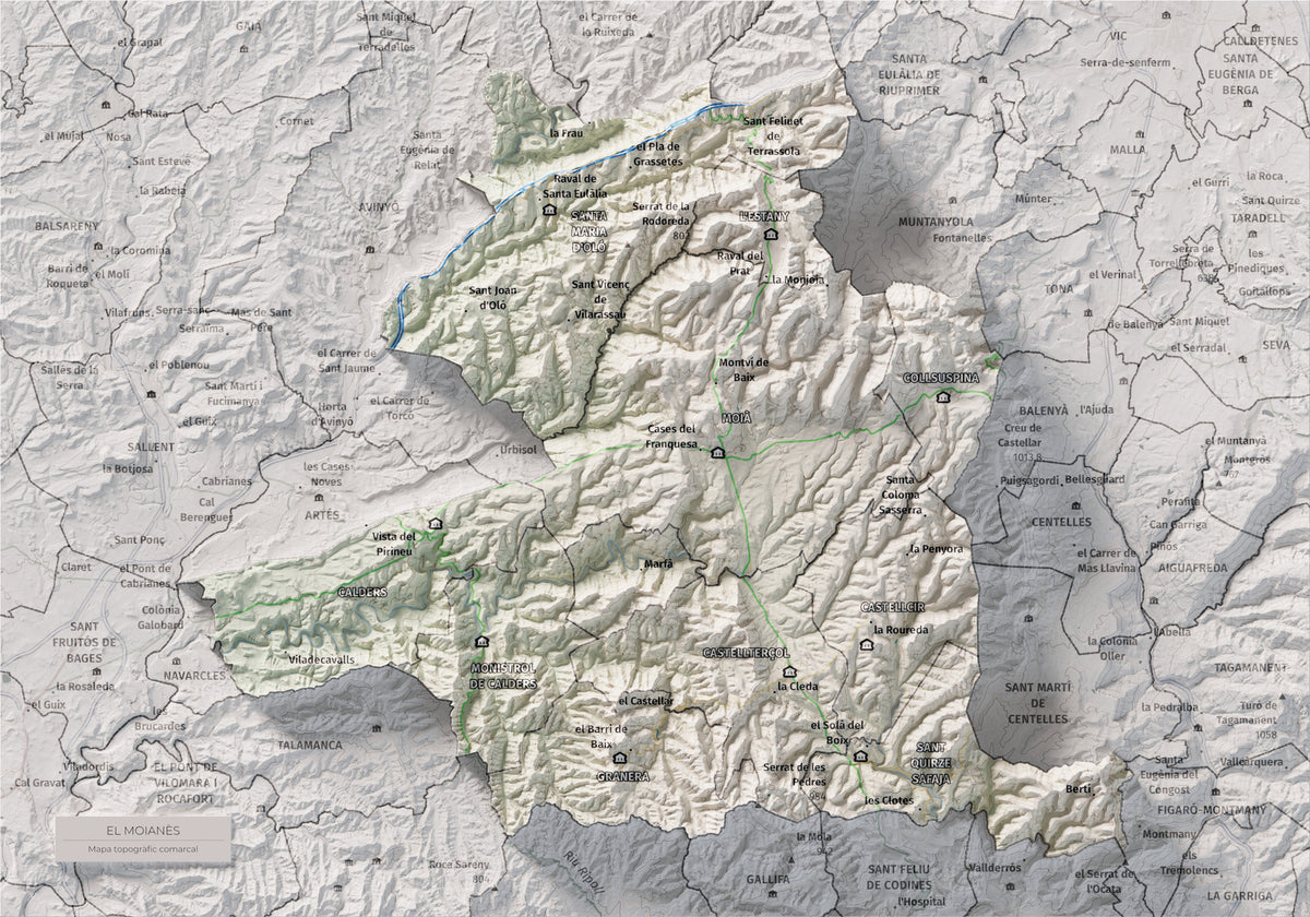 Mapa de relleu del Moianès, amb el territori en color i l’entorn en blanc. Vista completa de la làmina. 21 × 30 cm. Estil Cartogràfic.
