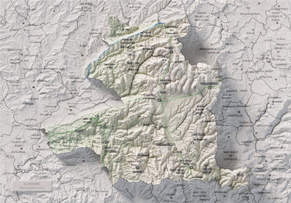 Mapa de relleu del Moianès, amb el territori en color i l’entorn en blanc. Vista completa de la làmina. 21 × 30 cm. Estil Cartogràfic.