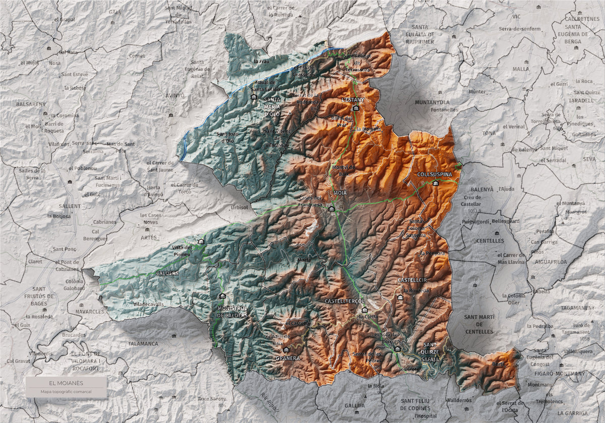 Mapa de relleu del Moianès, amb el territori en color i l’entorn en blanc. Vista completa de la làmina. 21 × 30 cm. Estil Blau i taronja.