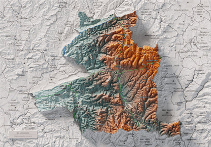 Mapa de relleu del Moianès, amb el territori en color i l’entorn en blanc. Vista completa de la làmina. 21 × 30 cm. Estil Blau i taronja.