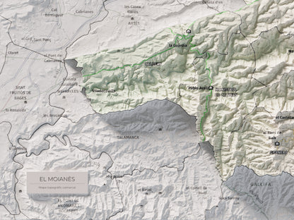 Mapa de relleu del Moianès, amb el territori en color i l’entorn en blanc. Detall de la part inferior esquerra. 30 × 40 cm. Estil Cartogràfic.