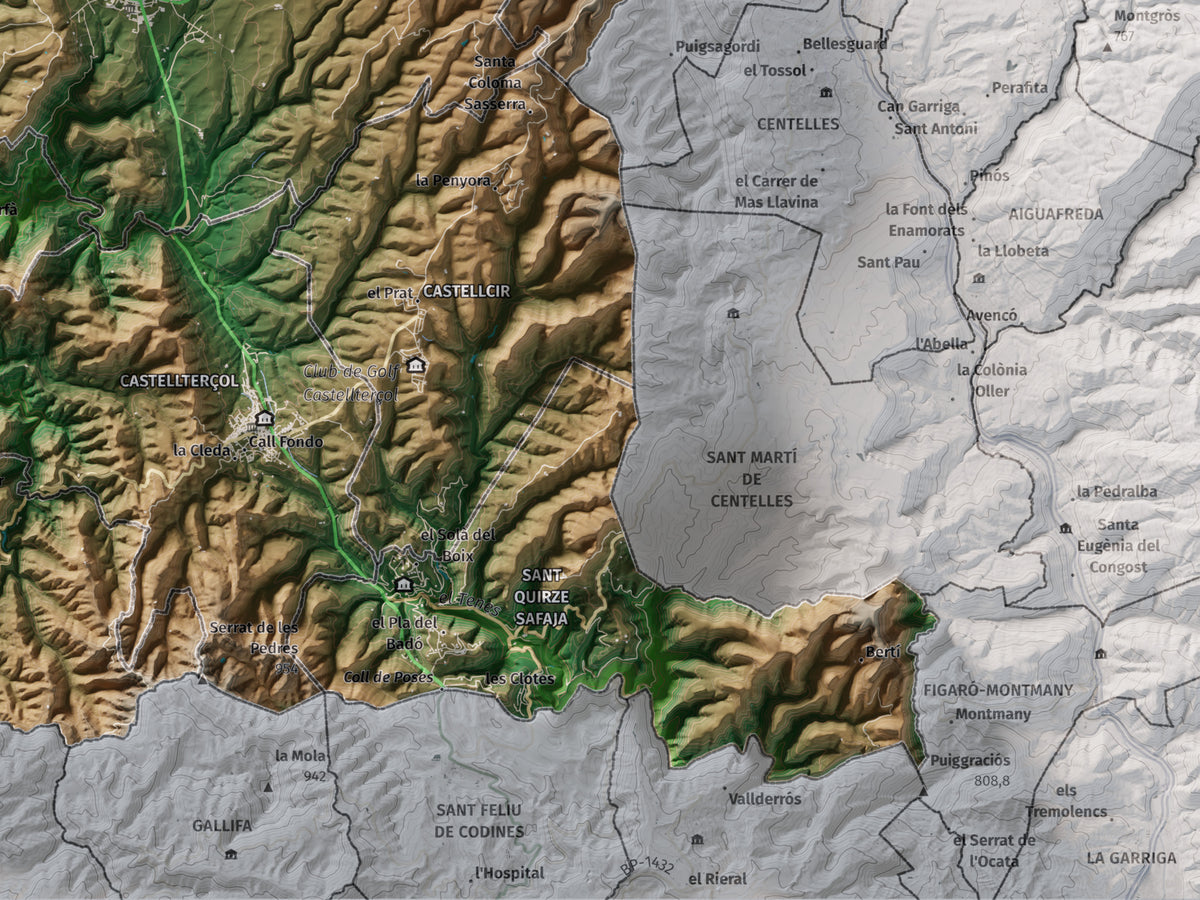 Mapa de relleu del Moianès, amb el territori en color i l’entorn en blanc. Detall de la part inferior dreta. 30 × 40 cm. Estil Clàssic.