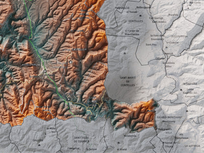 Mapa de relleu del Moianès, amb el territori en color i l’entorn en blanc. Detall de la part inferior dreta. 30 × 40 cm. Estil Blau i taronja.