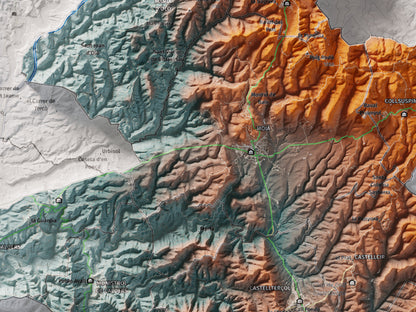Mapa de relleu del Moianès, amb el territori en color i l’entorn en blanc. Detall de la part central. 30 × 40 cm. Estil Blau i taronja.