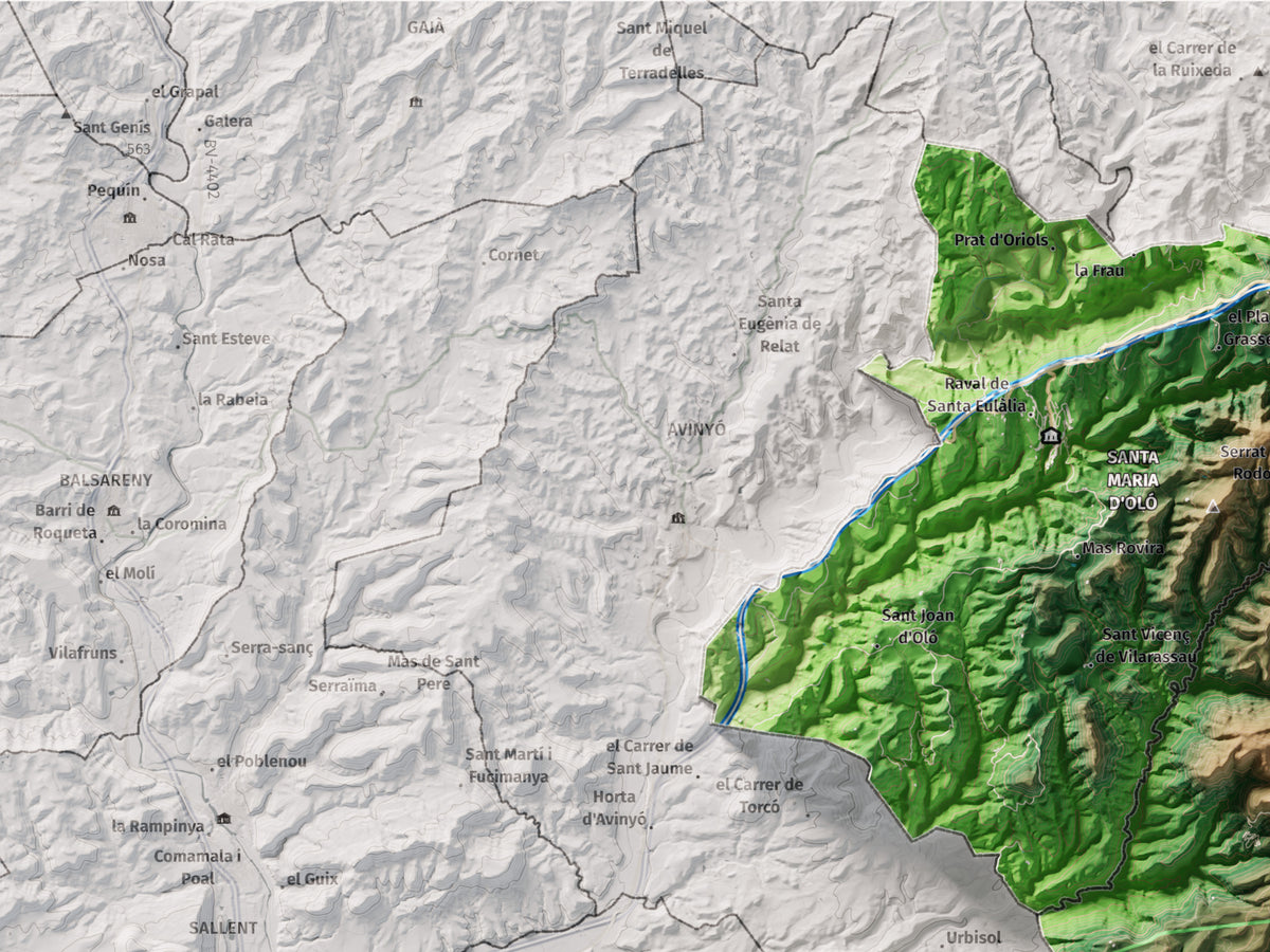 Mapa de relleu del Moianès, amb el territori en color i l’entorn en blanc. Detall de la part superior esquerra. 30 × 40 cm. Estil Clàssic.
