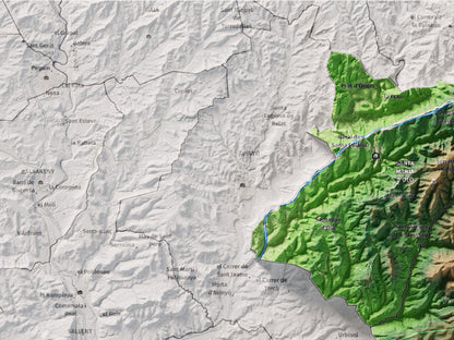 Mapa de relleu del Moianès, amb el territori en color i l’entorn en blanc. Detall de la part superior esquerra. 30 × 40 cm. Estil Clàssic.