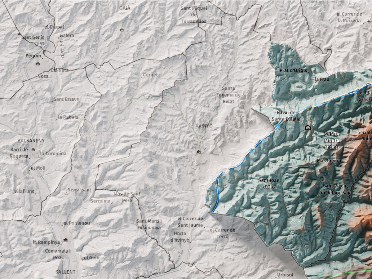 Mapa de relleu del Moianès, amb el territori en color i l’entorn en blanc. Detall de la part superior esquerra. 30 × 40 cm. Estil Blau i taronja.