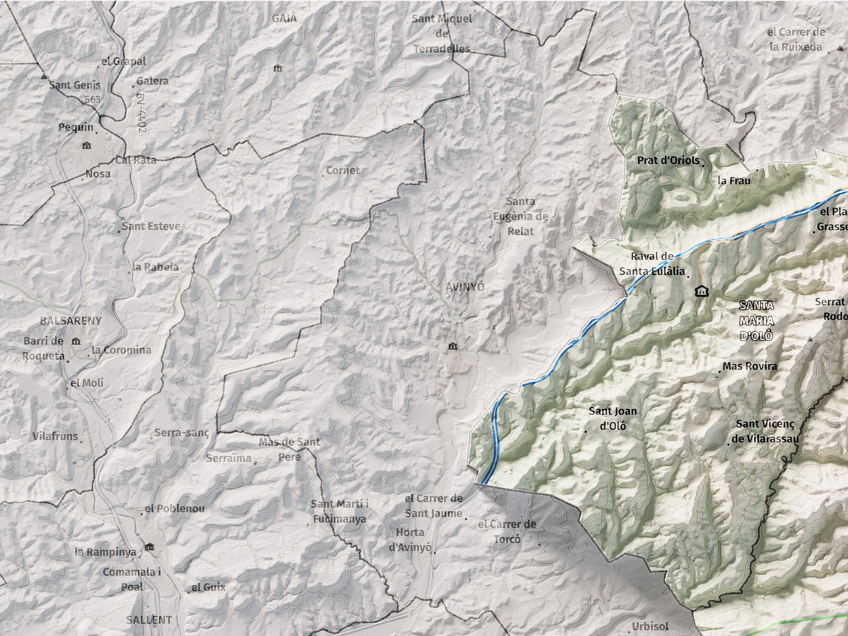 Mapa de relleu del Moianès, amb el territori en color i l’entorn en blanc. Detall de la part superior esquerra. 30 × 40 cm. Estil Cartogràfic.