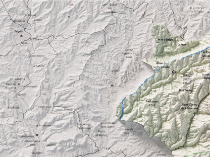 Mapa de relleu del Moianès, amb el territori en color i l’entorn en blanc. Detall de la part superior esquerra. 30 × 40 cm. Estil Cartogràfic.