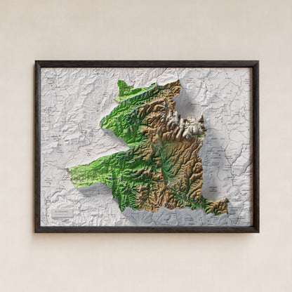 Mapa de relleu del Moianès, amb el territori en color i l’entorn en blanc. Presentació amb marc. 30 × 40 cm. Estil Clàssic.
