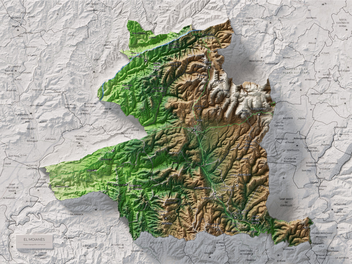 Mapa de relleu del Moianès, amb el territori en color i l’entorn en blanc. Vista completa de la làmina. 30 × 40 cm. Estil Clàssic.