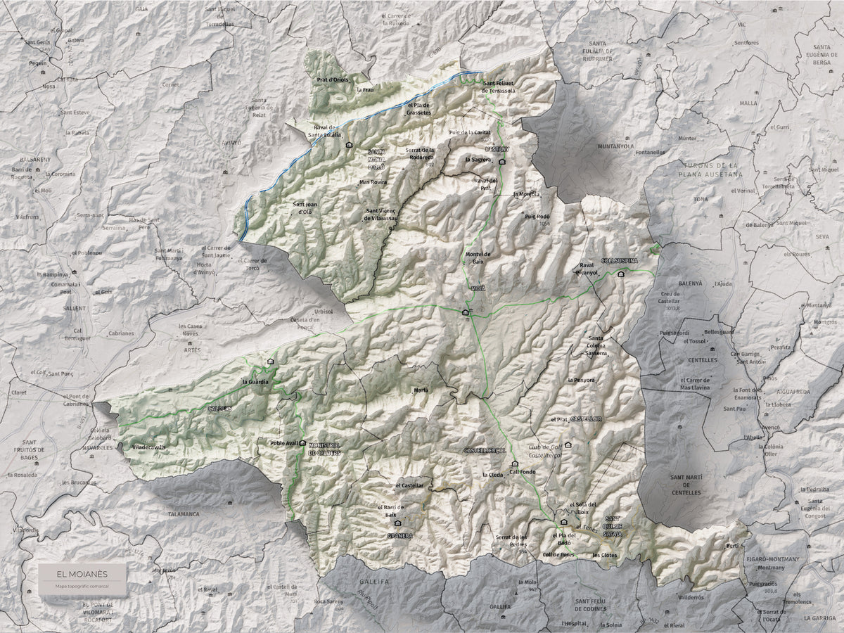 Mapa de relleu del Moianès, amb el territori en color i l’entorn en blanc. Vista completa de la làmina. 30 × 40 cm. Estil Cartogràfic.