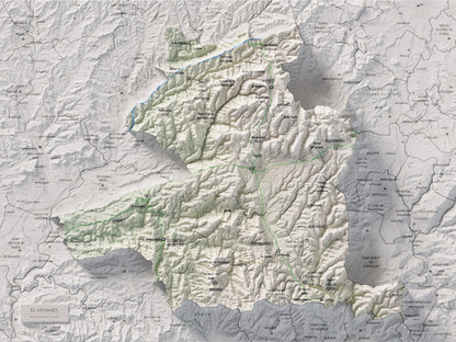 Mapa de relleu del Moianès, amb el territori en color i l’entorn en blanc. Vista completa de la làmina. 30 × 40 cm. Estil Cartogràfic.