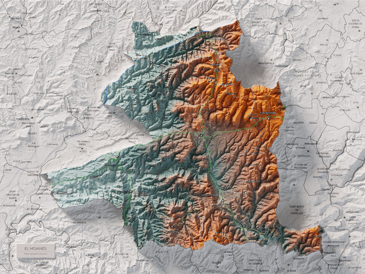 Mapa de relleu del Moianès, amb el territori en color i l’entorn en blanc. Vista completa de la làmina. 30 × 40 cm. Estil Blau i taronja.