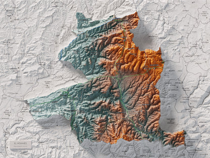 Mapa de relleu del Moianès, amb el territori en color i l’entorn en blanc. Vista completa de la làmina. 30 × 40 cm. Estil Blau i taronja.