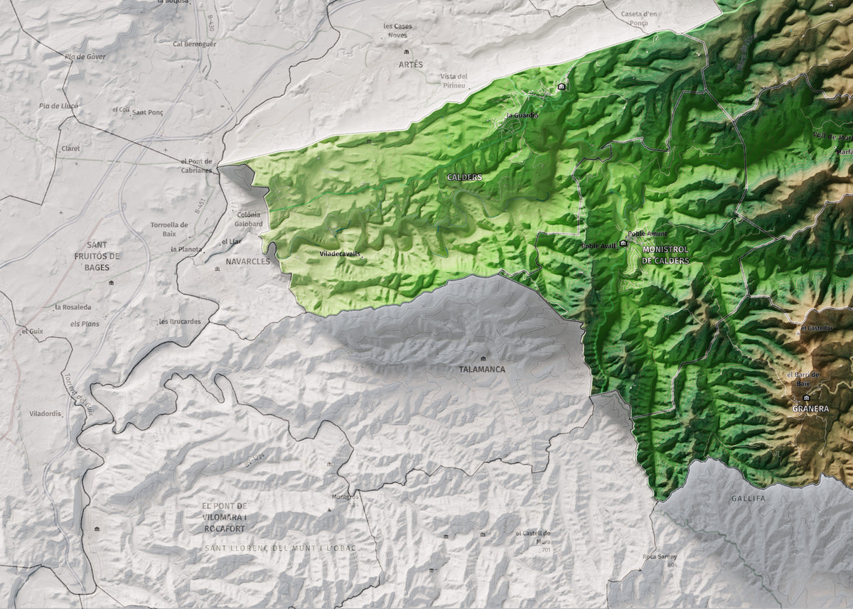 Mapa de relleu del Moianès, amb el territori en color i l’entorn en blanc. Detall de la part inferior esquerra. 50 × 70 cm. Estil Clàssic.